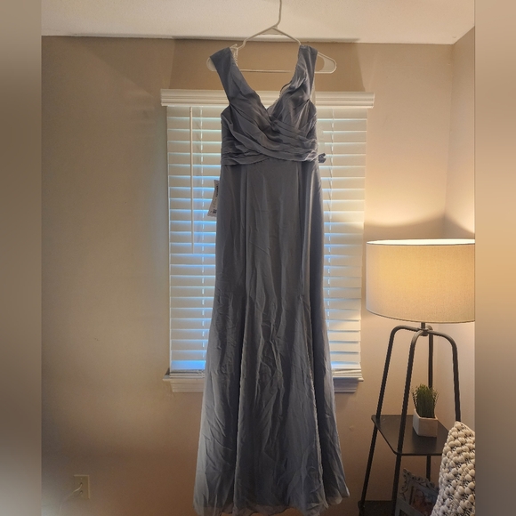 Azazie Lecia Dusty Blue Empire Off-the-Shoulder Pleated Chiffon Dress - Picture 6 of 9